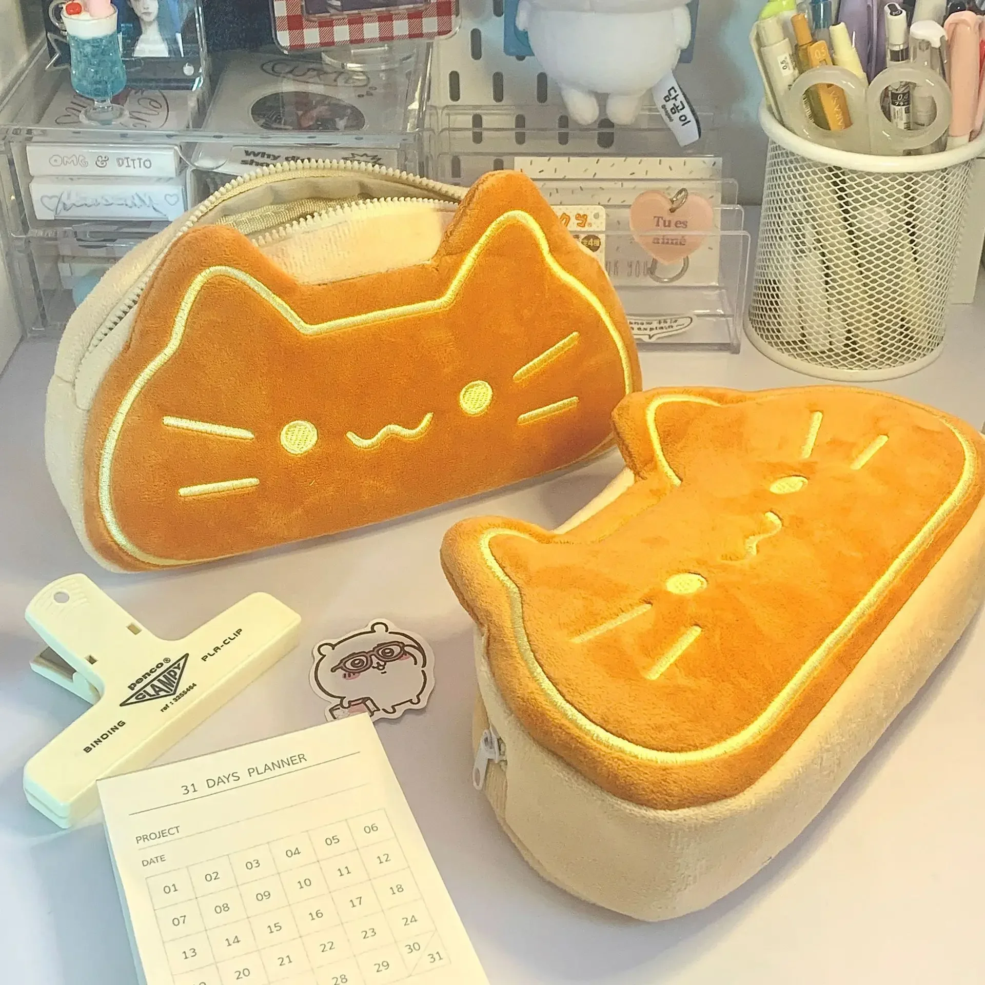 Ins Style Cartoon Pen Case Cute Caramel Cat Pen Bag Large Capacity Lovely Plush Animal Pencil Organizer Case School Supplies 1pc
