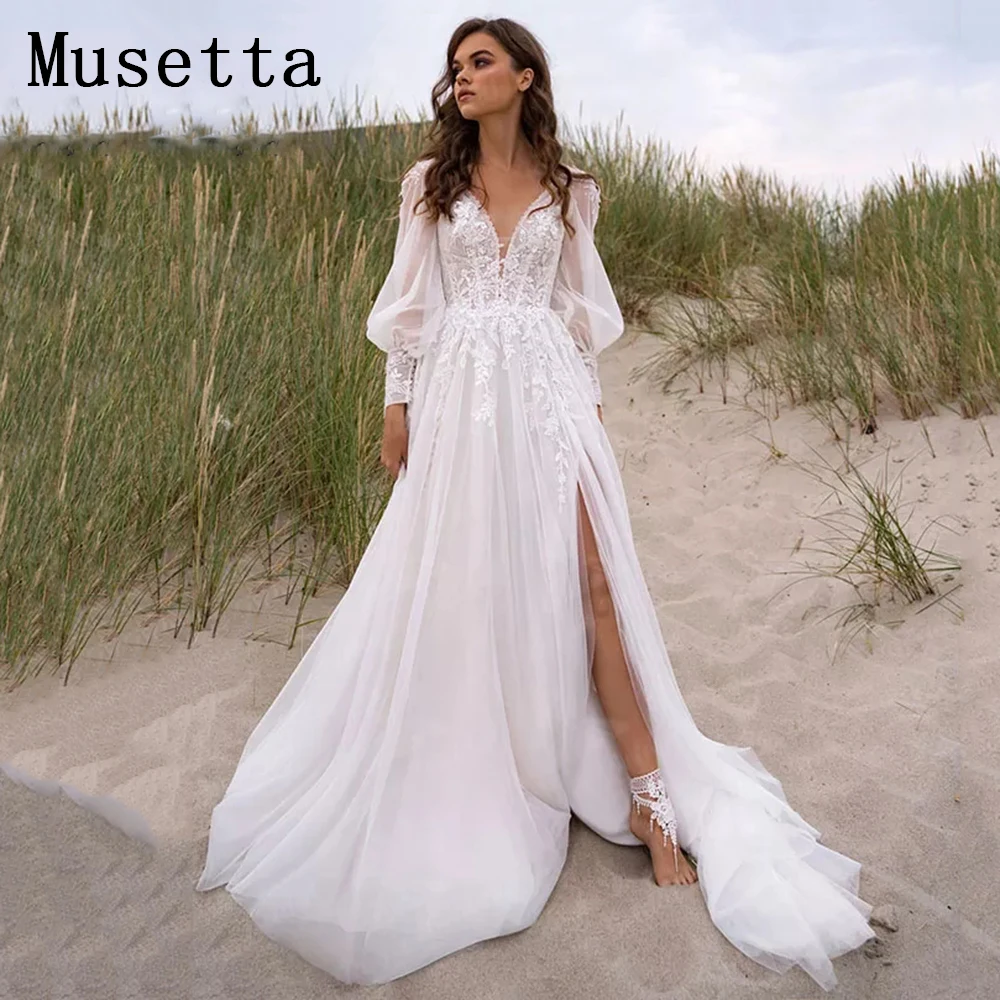 

Пляжное простое свадебное платье Musetta с V-образным вырезом, 2023, с пышными рукавами, с высоким разрезом, с открытой спиной, свадебное платье с кружевной аппликацией, Тюлевое платье для невесты