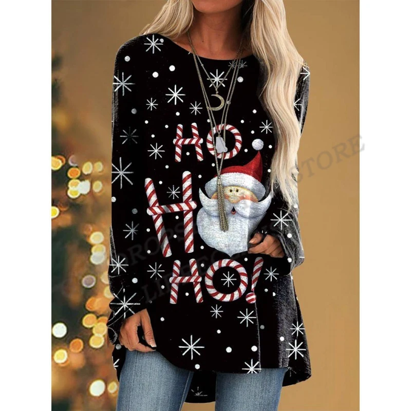 

2023 New Merry Christmas 3D Printed T-Shirts Women Fashion Long Sleeve Santa Claus Tos Tees Loose Casual O-Neck Sexy Broadcloth