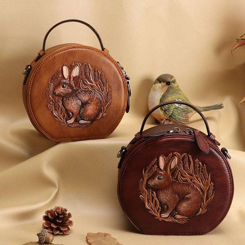 Luxury 3D Squirrel Animal Embossed Circular Cute Shoulder Bags For Girls Leather Top Handle Handbag Small Women's Crossbody Bag