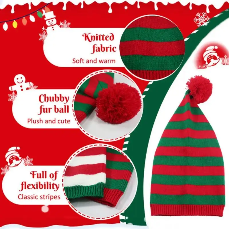 Fashion Adult Christmas Knitted Hat Elf Santa Beanies Claus Red Green Striped Crochet Merry Happy New Year