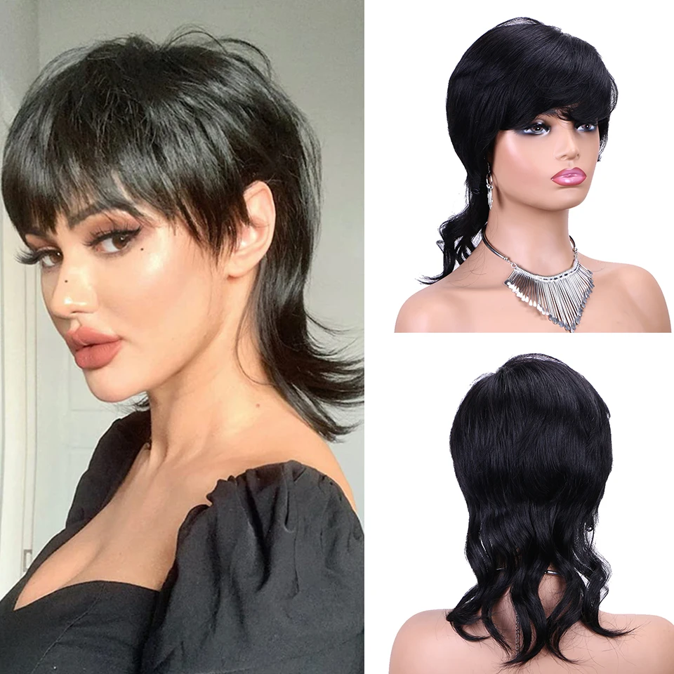 

Pixie Cut Wig With Bang Brazilian Hair for Black Women Glueless Full Machine Made Swallowtail Style Short Wigs Free Shipping