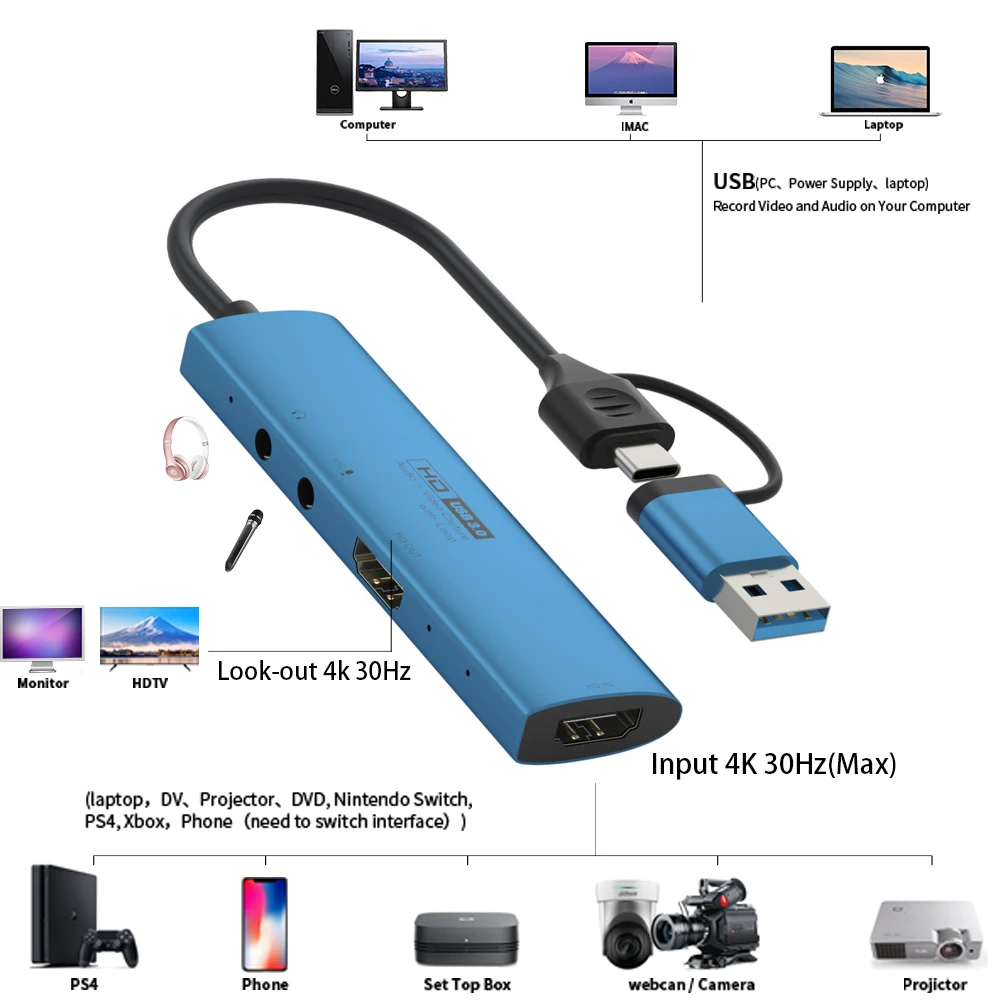 ī޶ PC PS4  ̺ Ʈ ۿ  ĸó, USB3.0 C Ÿ, 1080P 60FPS ȭ, 4K30Hz HD  ƿ, MS2131