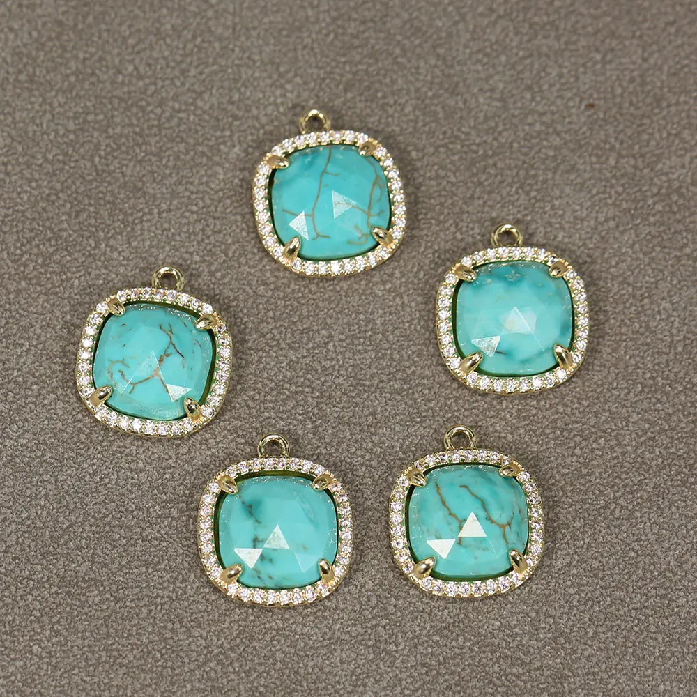 APDGG 5Pcs Natural Blue Turquoises Faceted Square Shape CZ Paved Pendant Charms For Necklace Earrings Jewelry Making DIY