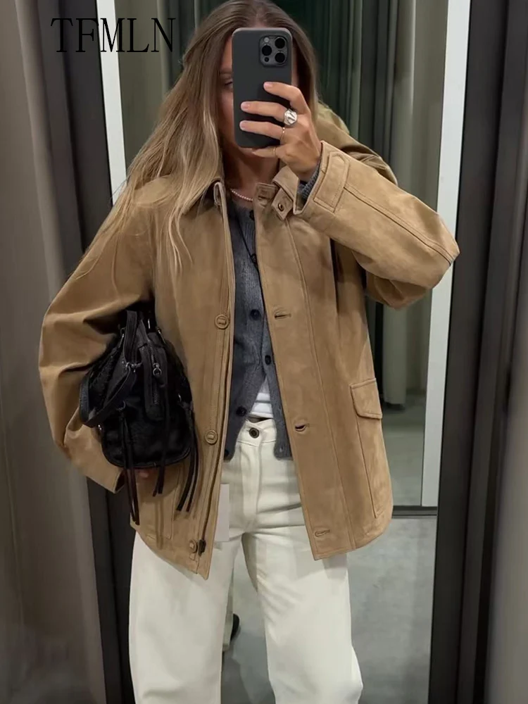 TFMLN New 2025 Chic Women Causal Pockets Jackets Fashion Lapel Single Breasted Loose Coats Autumn Vintage Female Solid Outwear