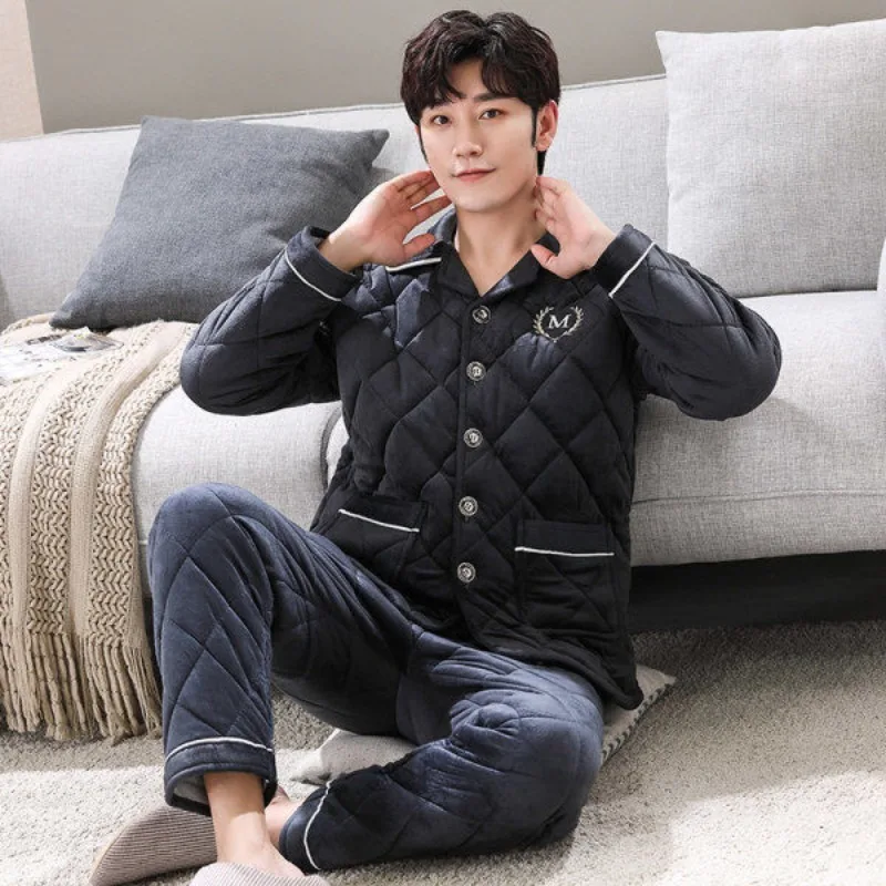 new plush winter thick sleep men pants flannel sleep bottoms plus velvet home pajama coral fleece male sleepwear with pocket 2024 New Sleepwear Men Winter Plush Thick Pajiamas Three-layer Loungewear Coral Velvet Flannel Insulation Male Home Clothing Set