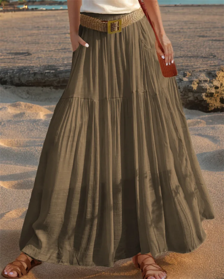 2026 Belted Hem A-line Solid Color Elastic Waist Skirt Women's Summer New Beach Vacation Commuting Camping All-match Long Skirt