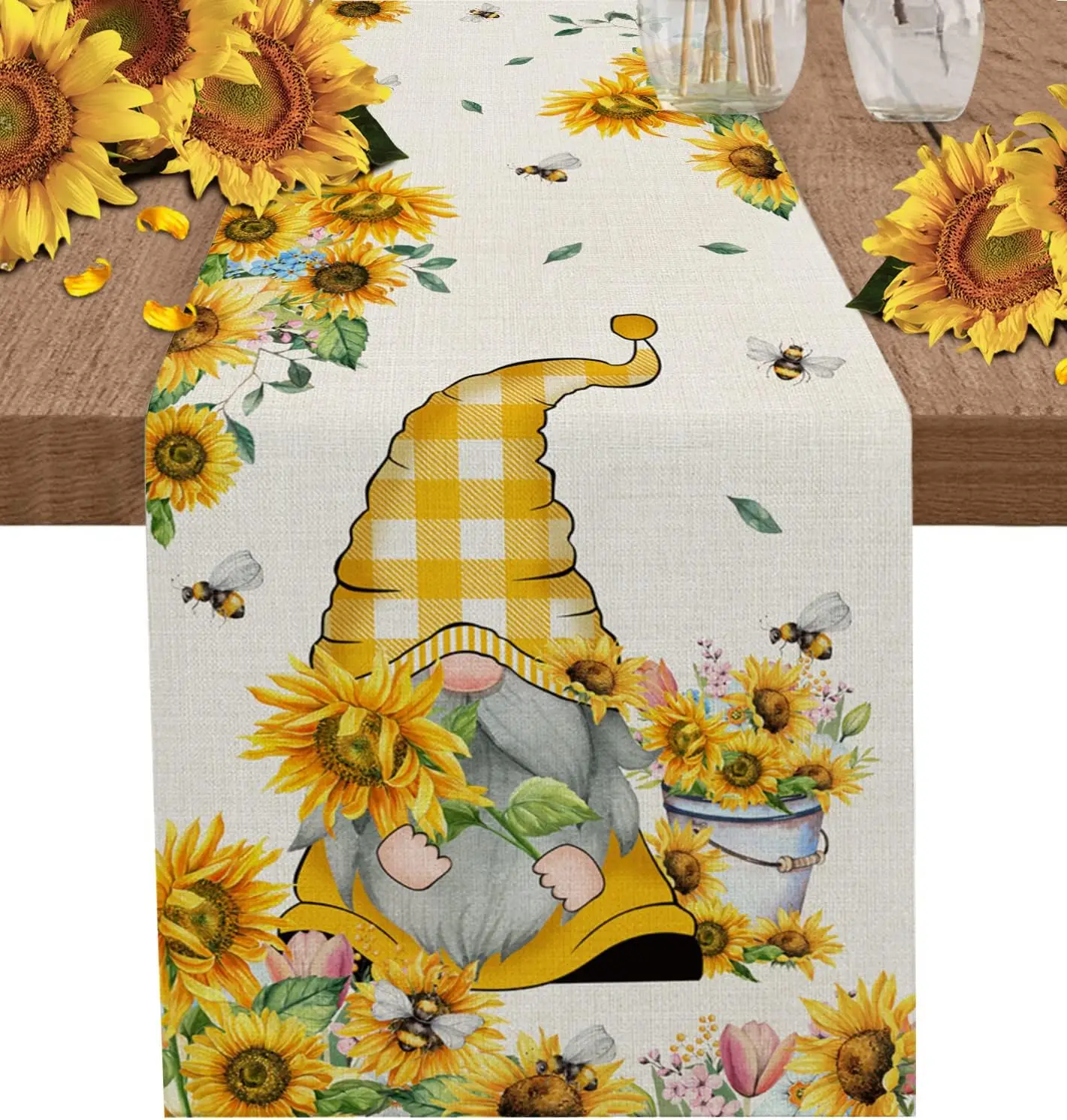 

Spring Bee Gnomes Sunflower Linen Table Runners Dresser Scarves Table Decor Farmhouse Dining Table Runners Wedding Decorations