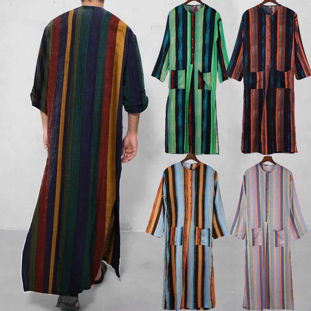 

Vintage Men Muslim Robes Arab Abaya Dubai Dress Striped Print Long Sleeve Robes Casual Islamic Arab Kaftan Man Dubai Kaftan Robe