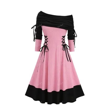 Plus Size Patchwork Textured Sweater Dress for Women, Light Pink, Long Sleeves, Cowl Neck, Lace Up, Ruched Dresses