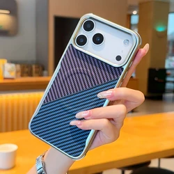 Magnetic Carbon Fiber Pattern PU Leather Case with Silver Bezel Lens Bumper for iPhone 17 Pro (Purple Blue)