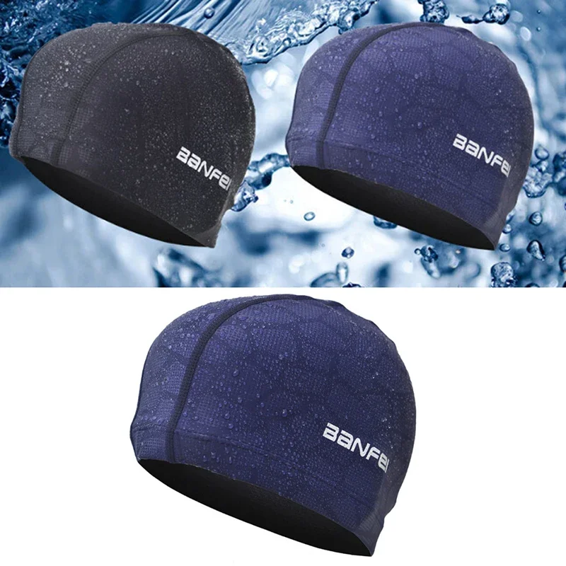 New 2024 Elastic Waterproof PU Fabric Protect Ears Long Hair Sports Swim Pool Hat Swimming Cap Free Size for Men & Women Adults 3