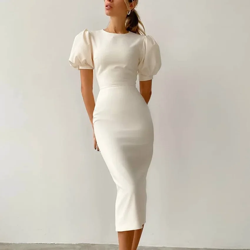 

2023 Summer New Style Round Neck Short Sleeve Temperament Tight Height Waist Bubble Sleeve Dress Female Hip Skirt White Dress