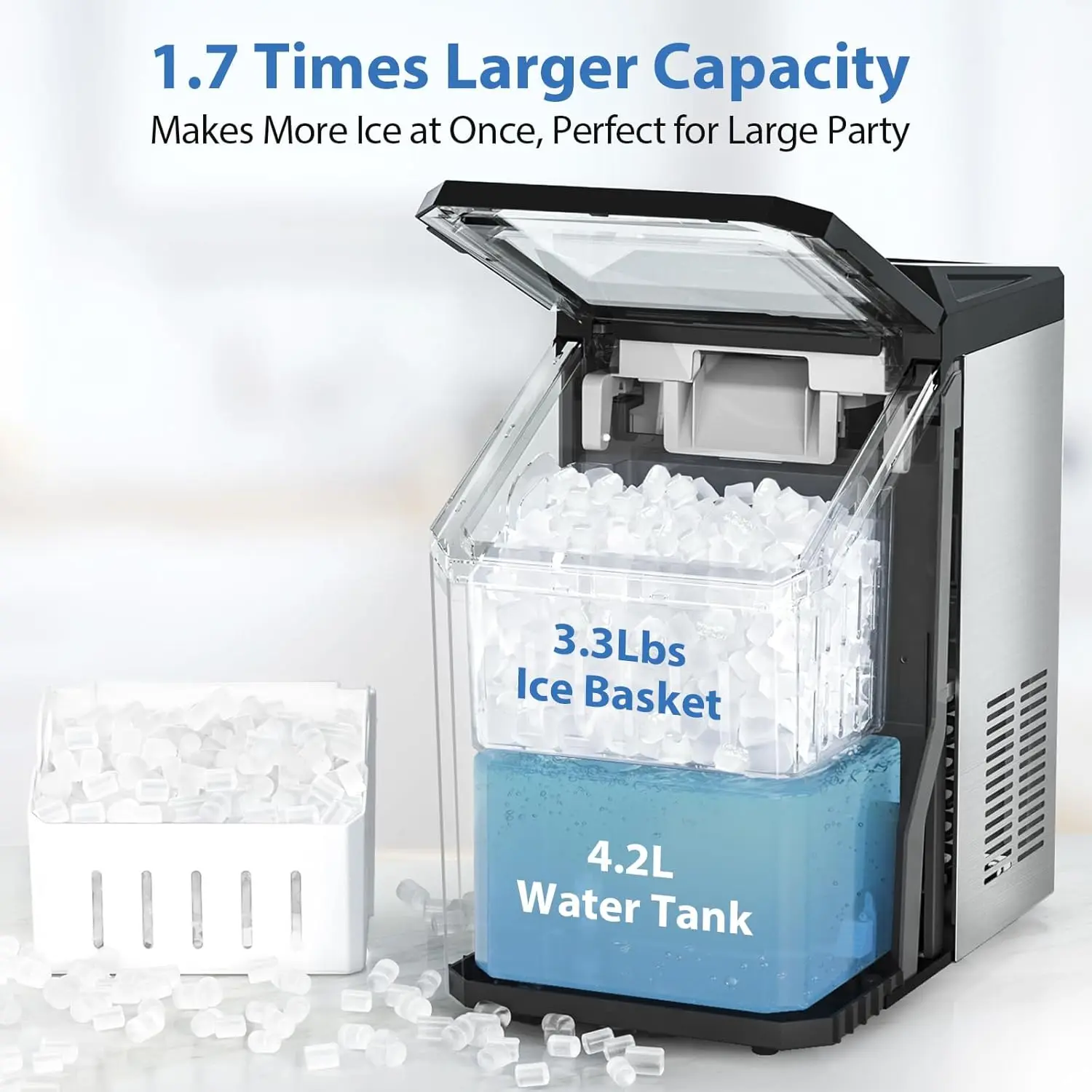 Nugget Ice Maker Countertop, 55lbs/Day, Rapid Ice Release in 5 Mins, Large Capacity Chewable Maker, Self-Cleaning with Stain