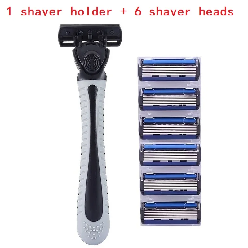 

(1 Shaver Holder+6 Replacement Heads) 6-Layers Blade Manual Shaver Safety Razor For Men Barber Shaving Tool Body Hair Removal