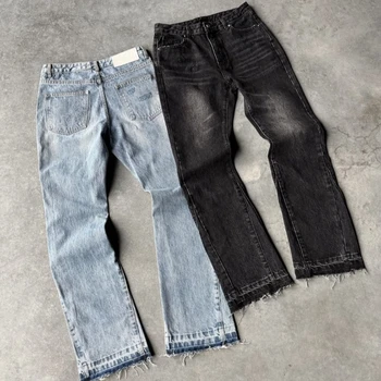 Y2K Vintage Slim Fit Jeans Trendy Washed Men Women Harajuku Hip Hop Straight Leg Pants Gothic Fringed Casual Micro Flared Pants 1