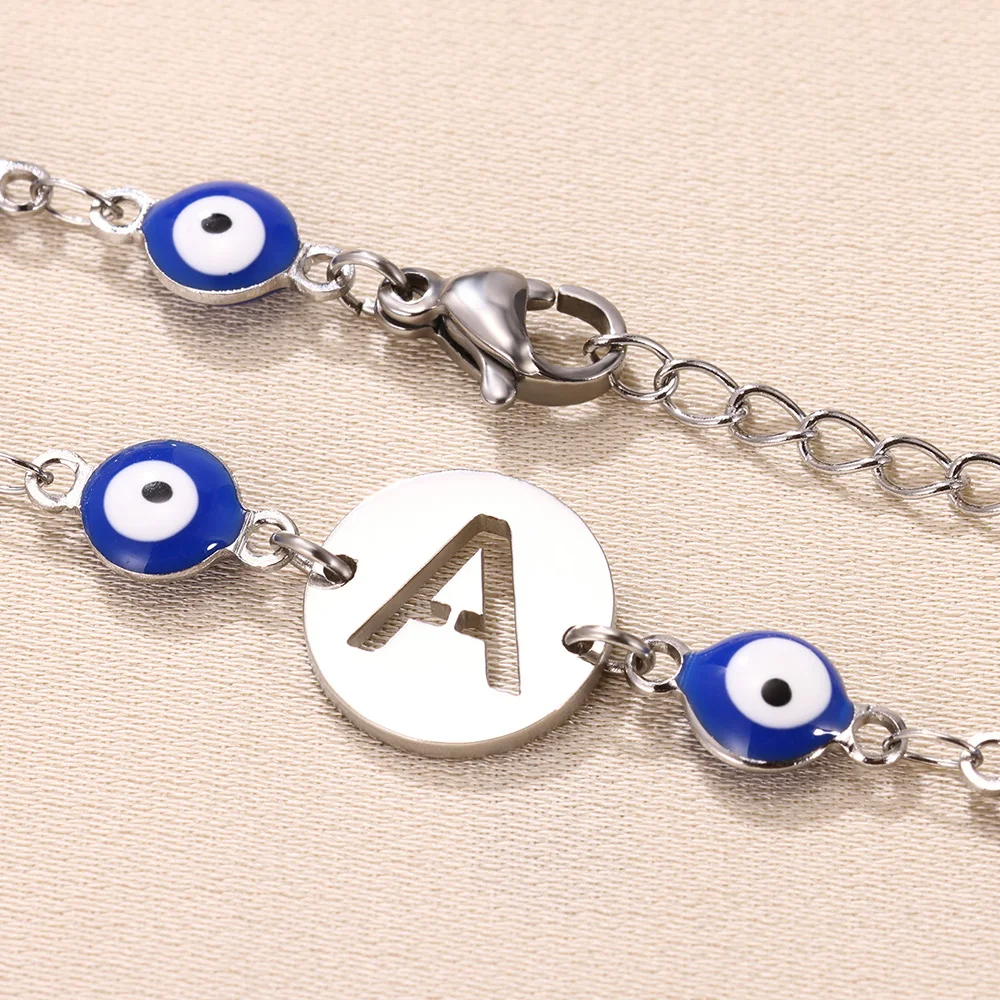 Turkish Blue Eye Letters Bracelets For Women Girl Men Jewelry Stainless Steel Silver Color Initials Round Bracelet Femme