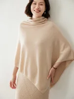 100% Merino Wool Knitted Shawl Cape Knitted Soft Warm Wollen Irregular Cloak Batwing Sleeve Loose Turtleneck Pullover Pashmina