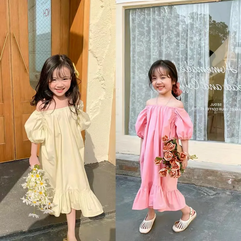 

Girls Korea Dress Cotton Solid Color Cute Korean Style Tube Top Dress Short Sleeve Spring Summer Children's Dress