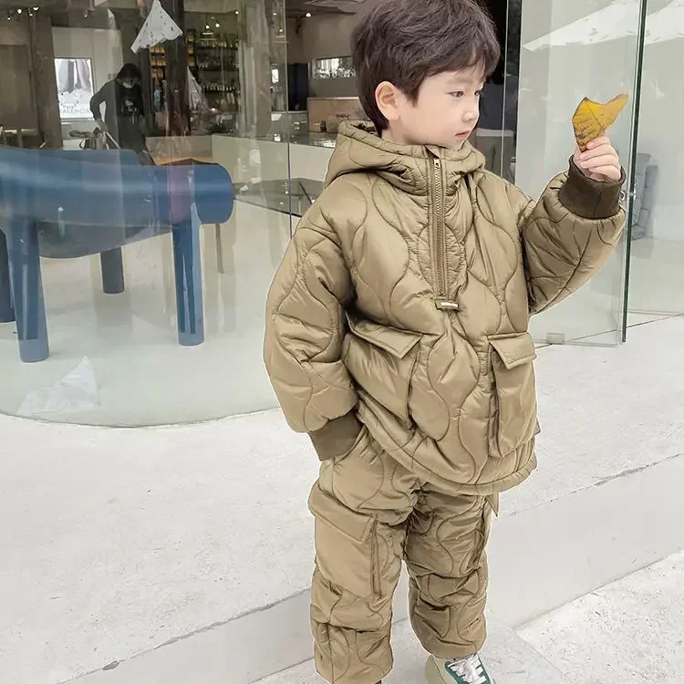 Childrens Winter Clothing Boys Cotton Suit Baby Winter Cotton Jacket Plush and Thickened Two-piece Set