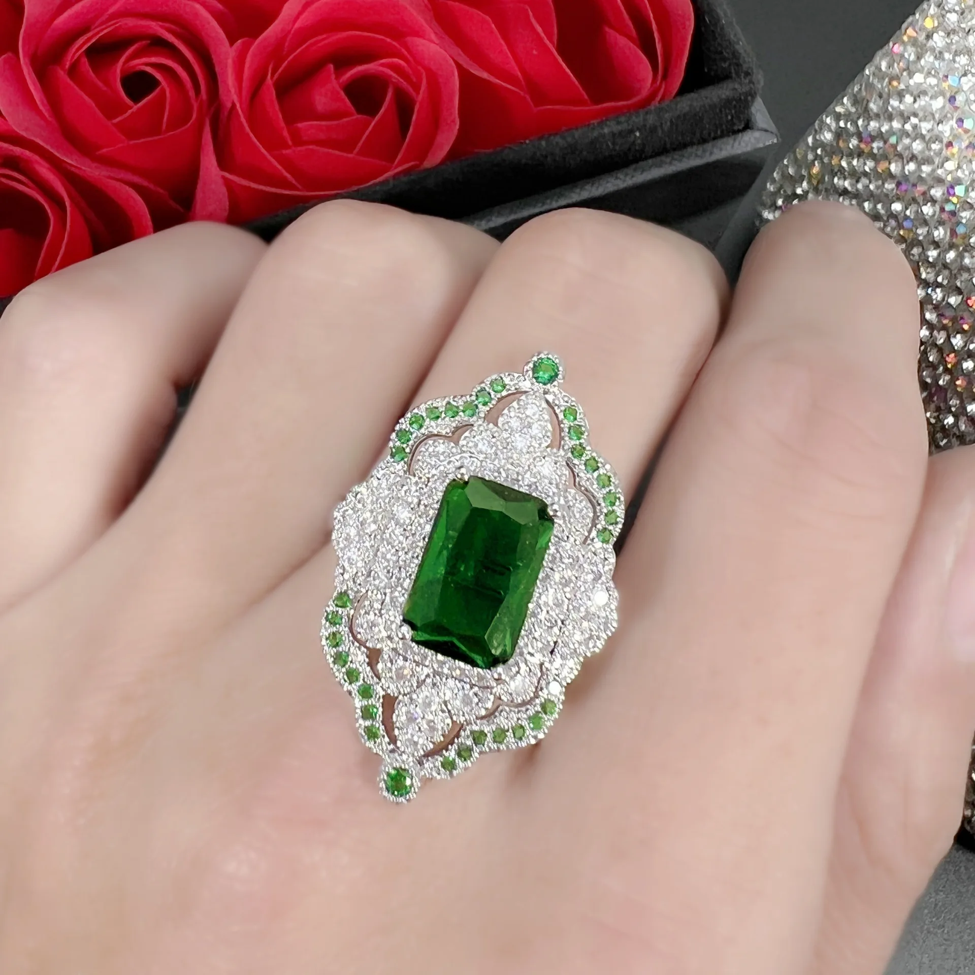 Jade Women's Ring New Colorful Treasure Jade Ring Opening Green Diamond