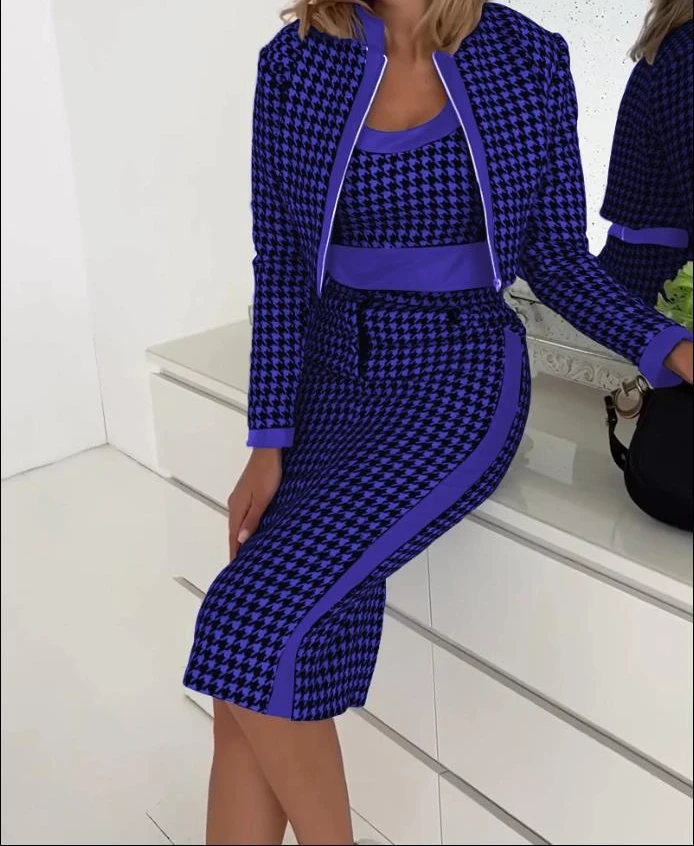 Autumn Three Piece Dress Suit Womens Outifits 2023 Fashion Houndstooth Print Tank Top & Elegant Skirt Set with Zipper Fly Jacket