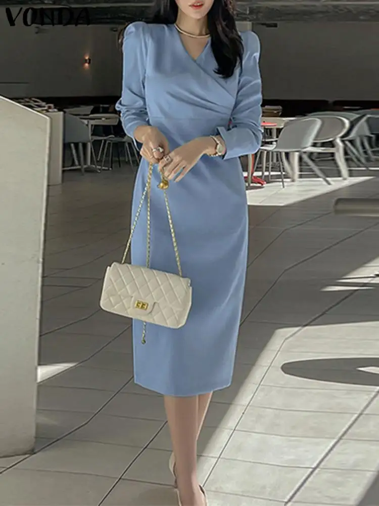 

Elegant Midi Dress VONDA 2023 Summer Casual Women Sexy Solid Color 3/4 Puff Sleeve Pleated Office Sundress V-Neck Robe Femme
