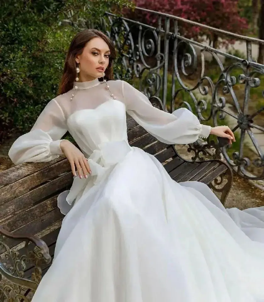 Long Sleeves Organza Wedding Dresses High Neck A Line Wedding Gowns Sweep Train Long Women Formal Bride Party Dress 2024