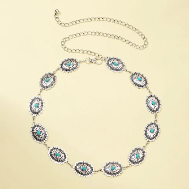 Retro-style female metal belt chain accessories, carved chain belt with decorative ring, advanced style accessories.