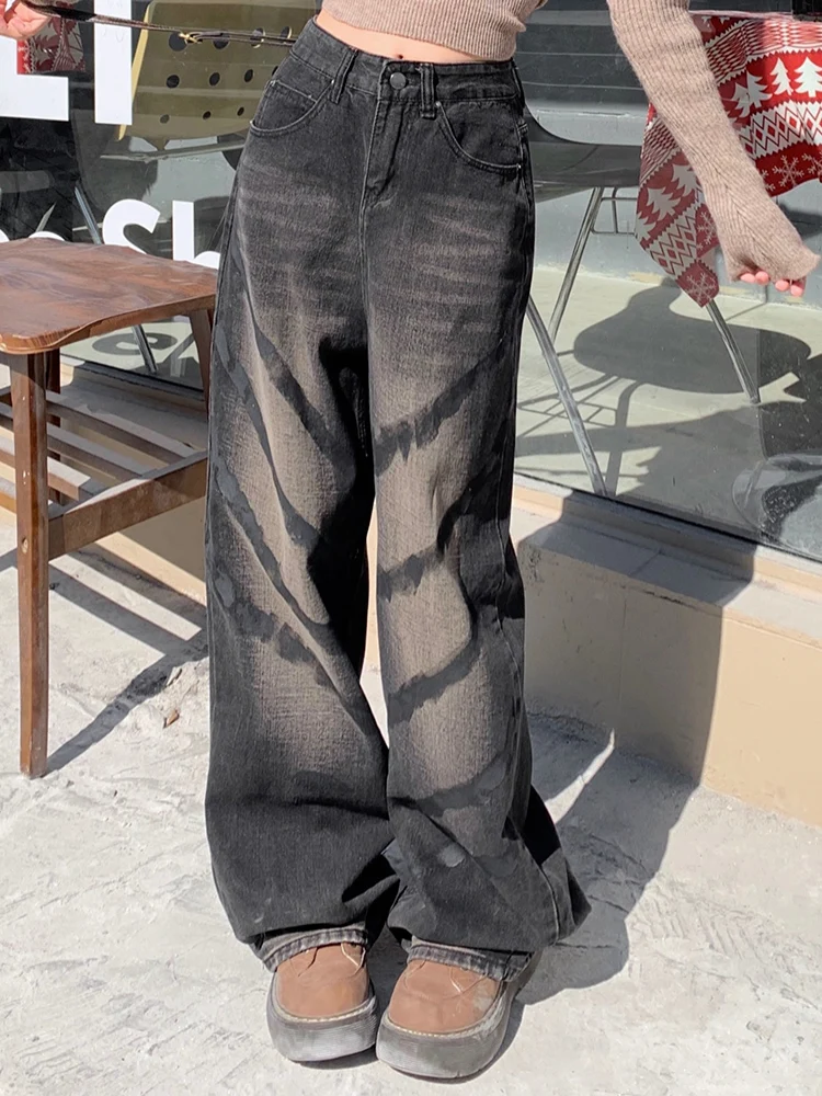 

Woman High Waist Washed Colour Fading Do Old Wide Leg Pants Female Lake Blue Moustache Effect Loose Wavy Straight Leg Trousers