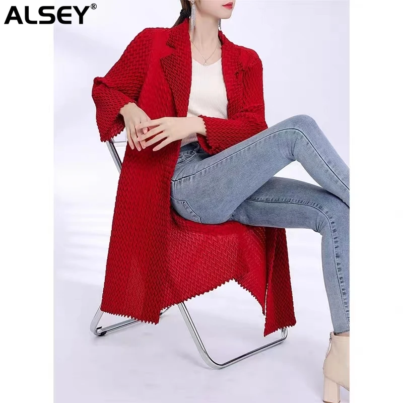 

ALSEY Miyake Pleated Jacket Temperament Commuter Lapel Wave Pattern Trench Coat Female Fall Fashion Versatile Long Section Coat