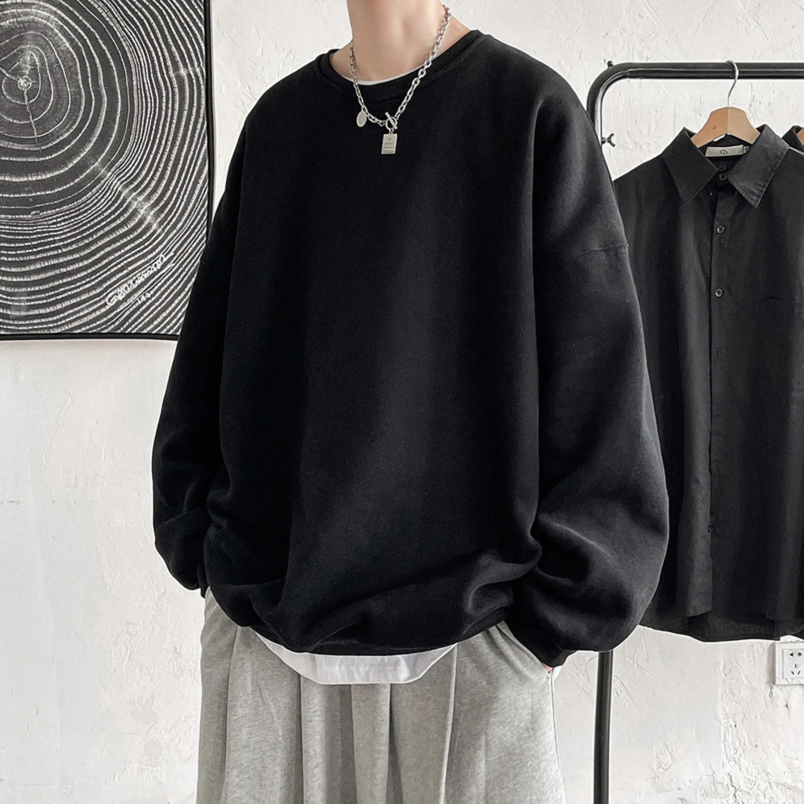 Oversized Men Hoodies Solid Color Autumn Hip Hop Crewneck Pullovers Hoodless Tracksuits Loose Sweatshirts Korean Harajuku Hoodie