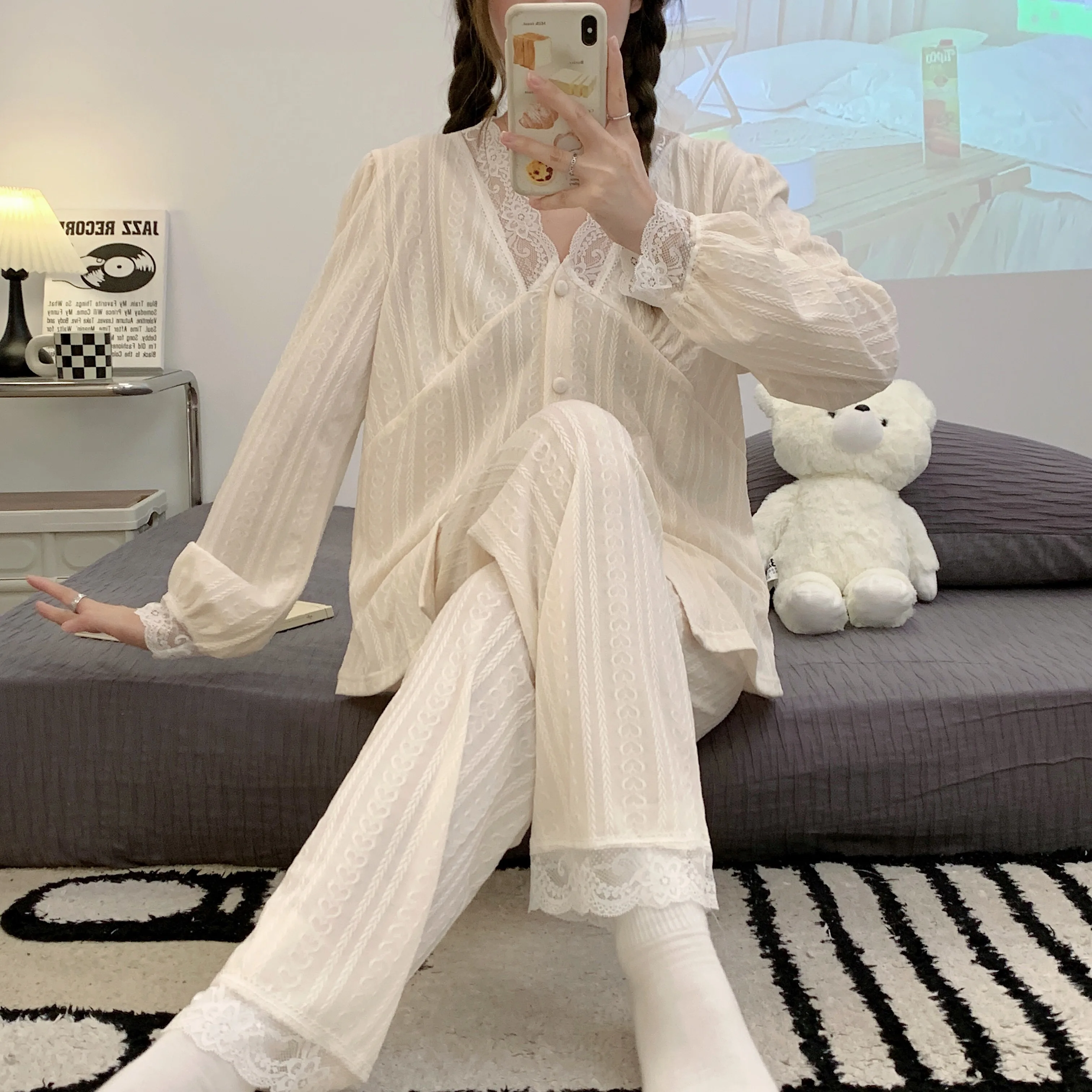 

Spring suit pajamas women's jacquard knitted cotton long-sleeved cardigan women's pajamas home wear Korean version solid color