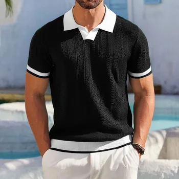 Summefashion Polo lavorata a maglia patchwork da uomo Business Casual Colletto rovesciato Polo in maglia Maschile Vintage Manica corta T-shirt Top