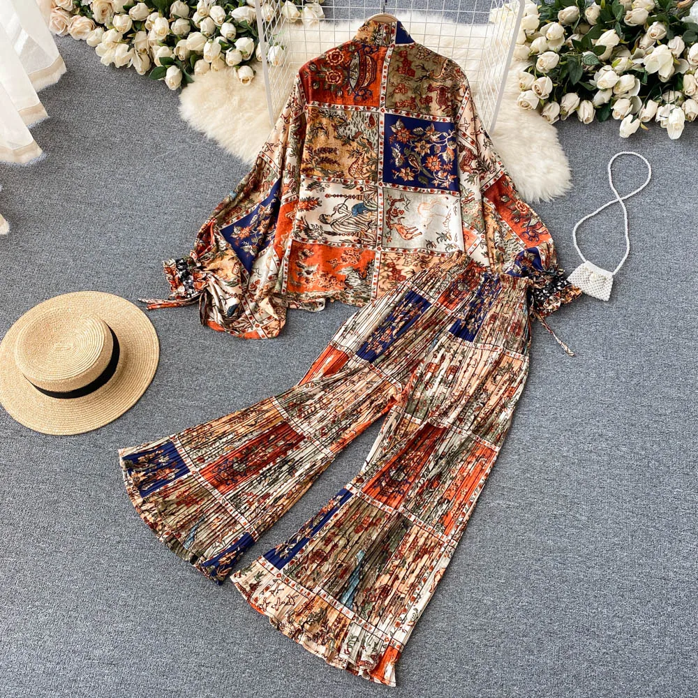 

Autumn 2022 new women's fashion, foreign style, aging, retro printed shirt, high waist, micro flare pants, two-piece set