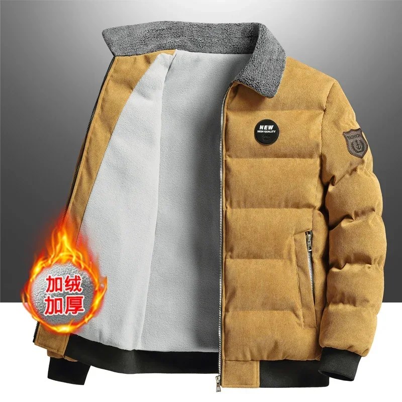 Men Winter Fleece Lined Corduroy Jacket Parka Coats Loose Windproof Fur Collar Warm Casual Windbreaker Parka Coat Parkas Coat