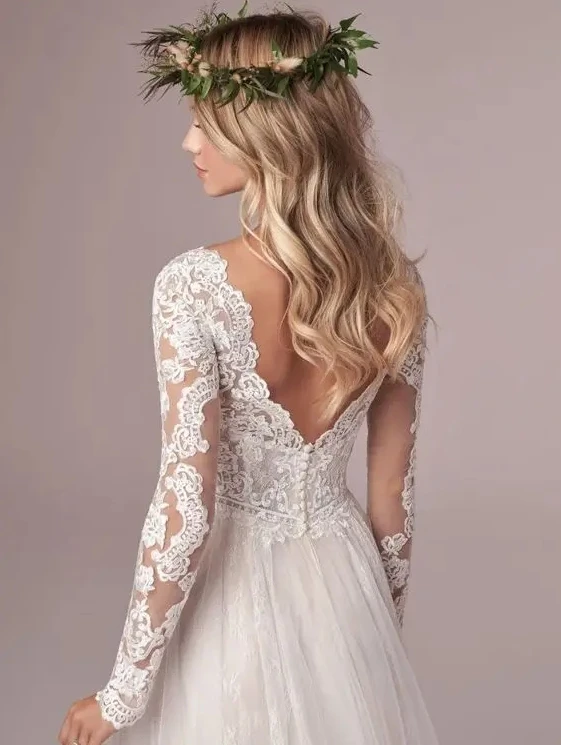 Lace Tulle Long Sleeve Wedding Dress 2022 Boho V-Neck Appliques Bridal Gown For A- Lace Appliques Bride Gown Backless Tulle 2025 4