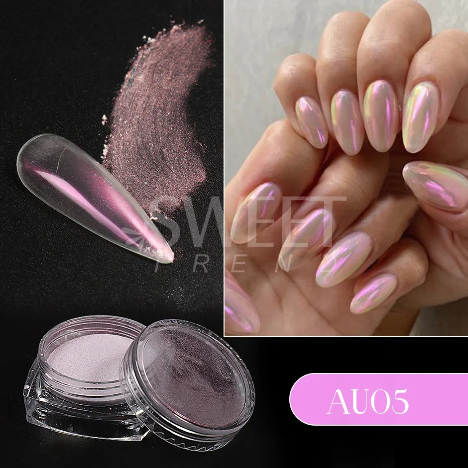 Nail Powder 2pcs Colorful Aurora Chrome Nail Powder Pearl Shell White High Glossy Rubbing Dust Holographic Glimmer Pigment Nail Decor Flash