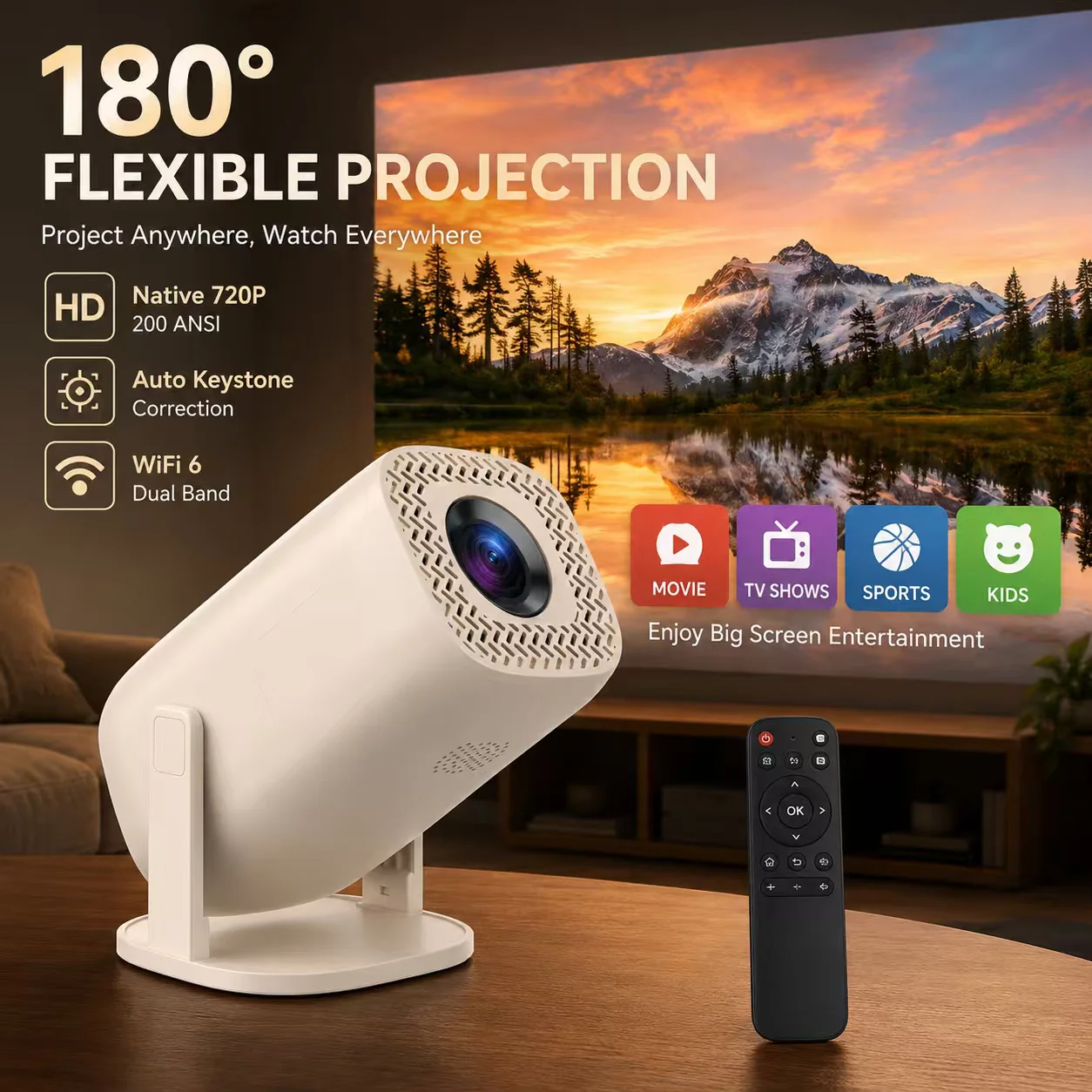링란 V5 휴대용 LED 스마트 프로젝터 안드로이드 14 네이티브 1080P 4K 디코딩 듀얼 밴드 와이파이 블루투스 미니 홈 시네마 장비