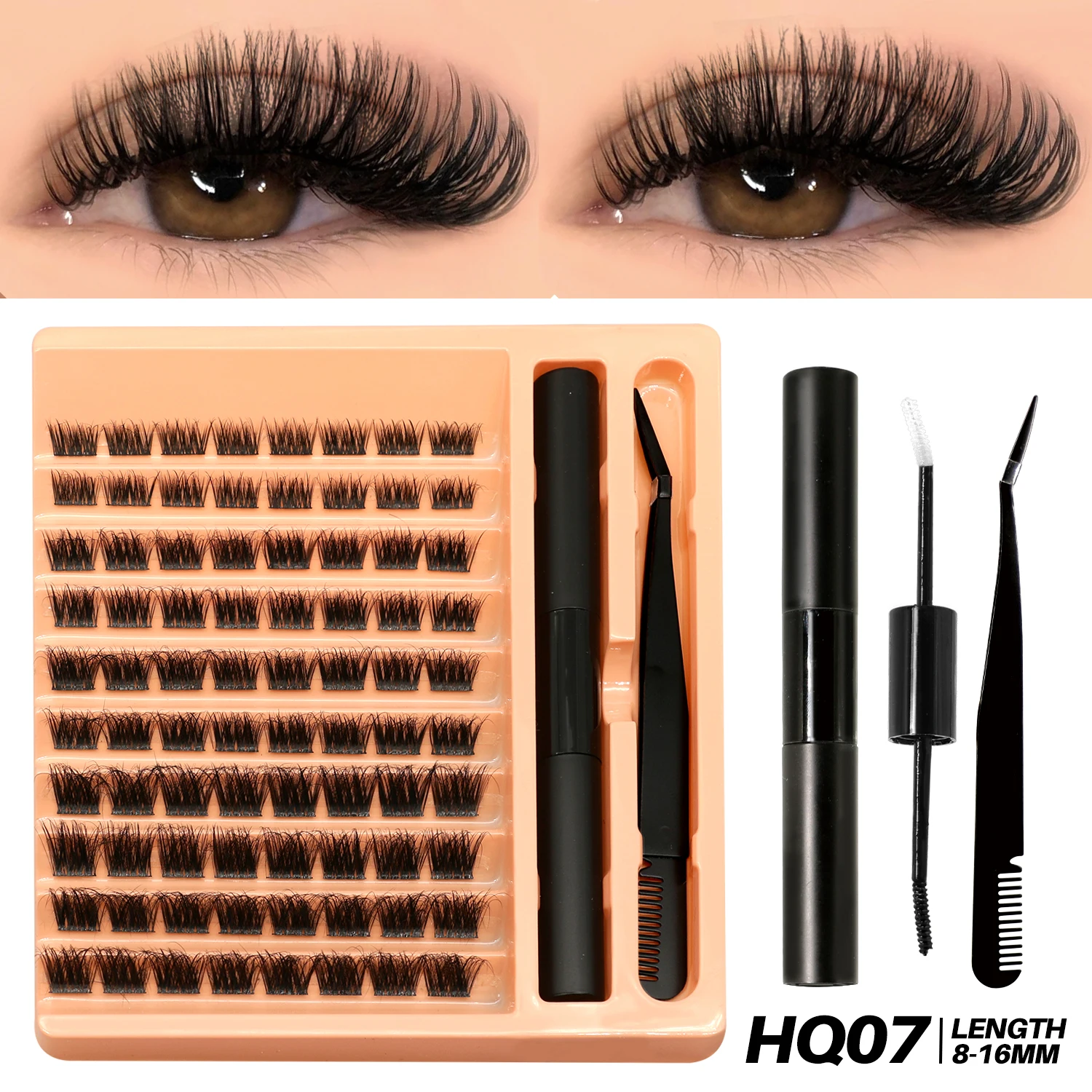 GROINNEYA Clusters Lashes Kit DIY Eyelashes Lash Clusters Set Eyelash Extension Kit Lash Bond And Seal And Eyelash Tweezers 48