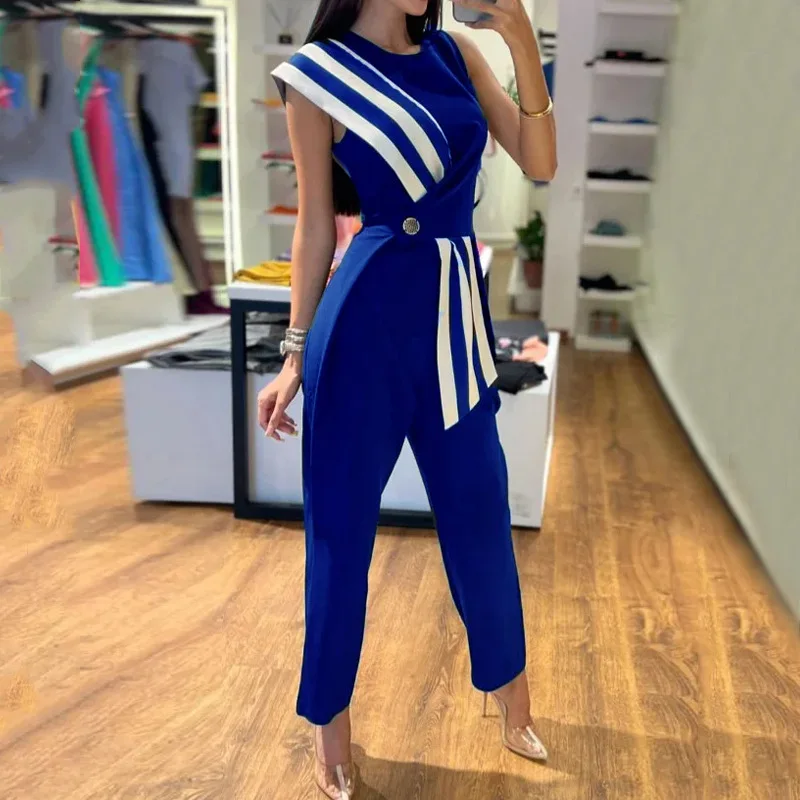 

Fashion Striped Color Matching High Waist Jumpsuit 2023 Sexy Sleeveless Straight Long Pants Playsuit Office Lady Slim Fit Romper
