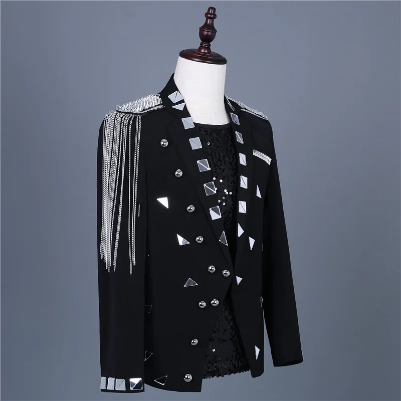 Male Tassel Blazer Jacket Mirror Chain White Black Men Clothing Singer Host Bar Nightclub Performance Stage Costume Fashion Coat