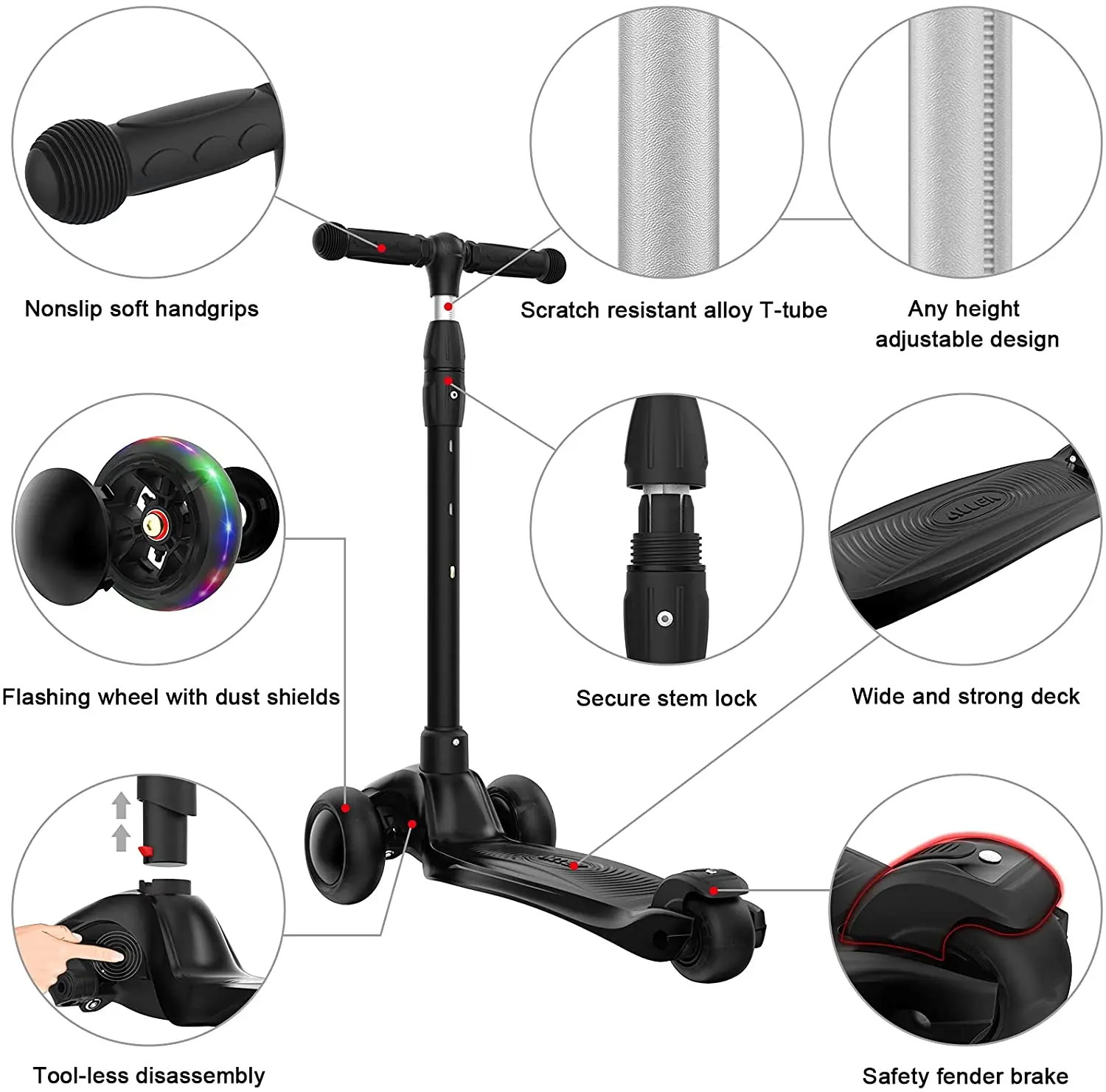 Allek Kick Scooter 3-Wheeled Push Scooter with PU Light-Up Wheels for Children 3-12years Heavy Duty kickboard Adjustable Height 2