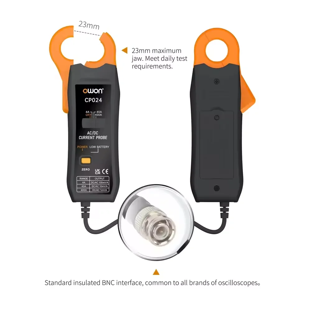 OWON CP024 DC AC Current Probe for Digital Storage Oscilloscope 4A to 400A Bandwidth 200kHz 23mm Jaw Three-Gear Current Clamp