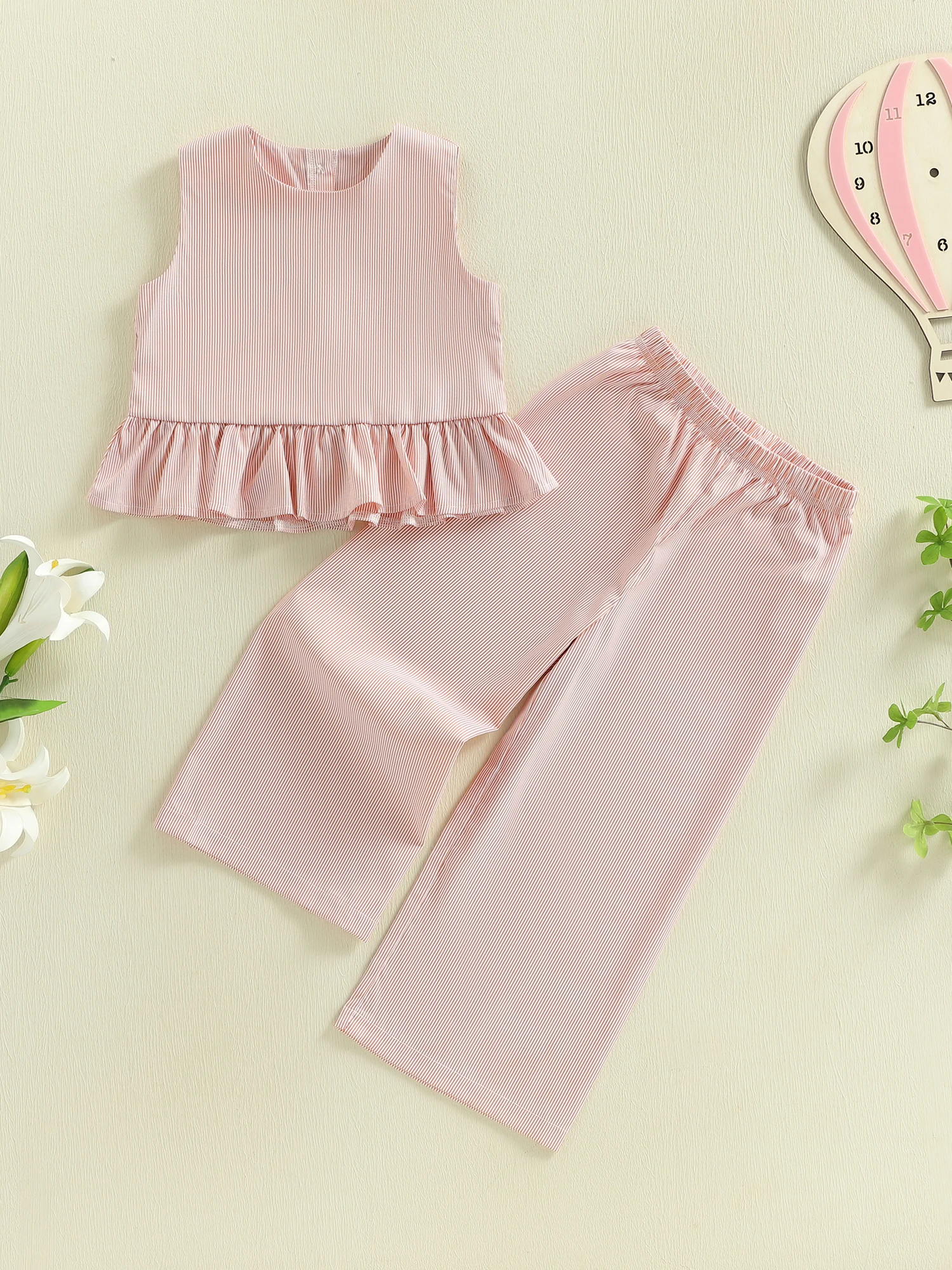 Girls 2-Piece Outfit Sleeveless Round Neck Flared Hem Top and Wide Leg Pants Set for Summer Fashion