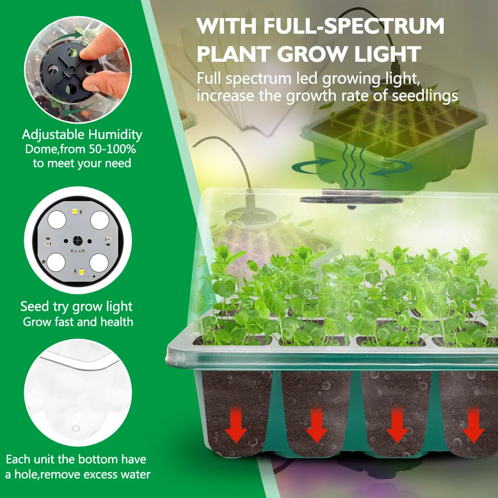 1 Kit 12 Cells Per Tray Seedling Tray Kit Grow Lights Red Blue Yellow Warm Light Dome Seed Starter Trays Germination Nursery