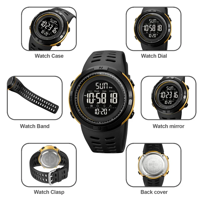

Часы наручные Skmei Мужские Цифровые, спортивные светодиодные водонепроницаемые в стиле милитари, с будильником, с обратным отсчетом и двойным временем