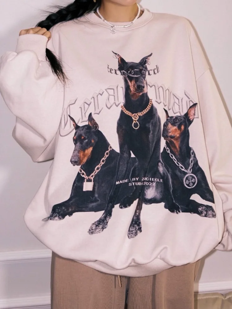 QWEEK Gothic Streetwear Dog Print Black Hoodie Women Harajuku Hip Hop Punk  Beige Oversized Pullover Sweatshirt Fleece Loose Top