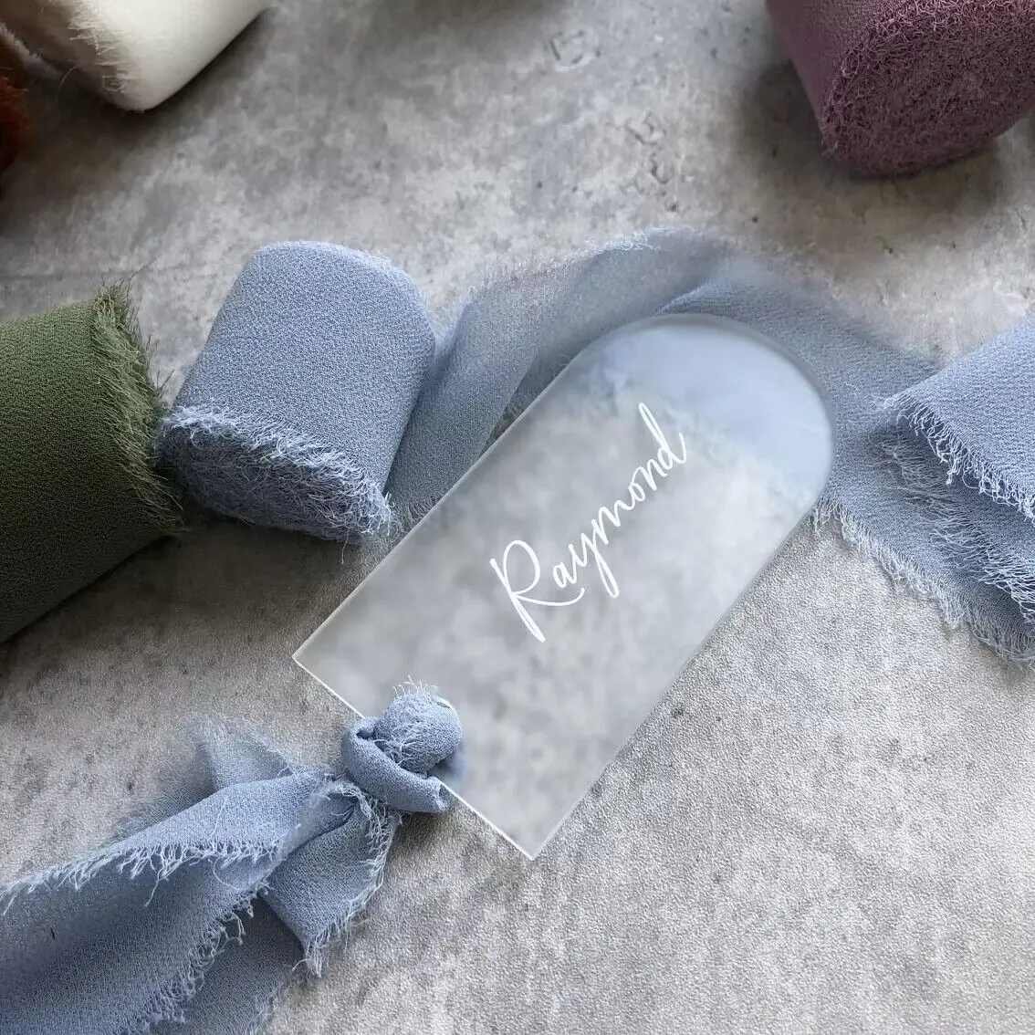 Frost NAME TAGS Custom Acrylic Name Cards with slik Ribbon Table Setting Wedding Place Cards Party Favours Hen Party Favours