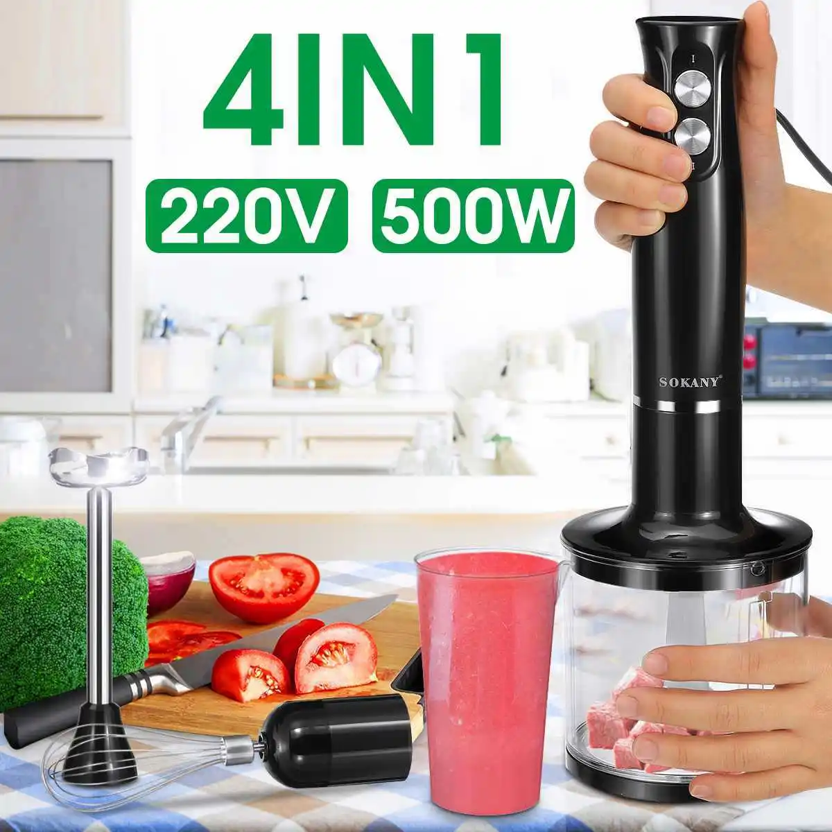 500w Stab mixer, 4-in-1-Handmixer aus Edelstahl mit Schneebesen, Becher und  Zerhacker - AliExpress